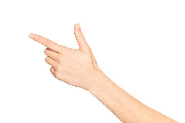 Back side of empty female hand holding something, isolated on white background - Foto, afbeelding