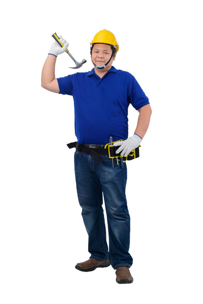 építőipari munkások kék ing védőkesztyű, h - Fotó, kép