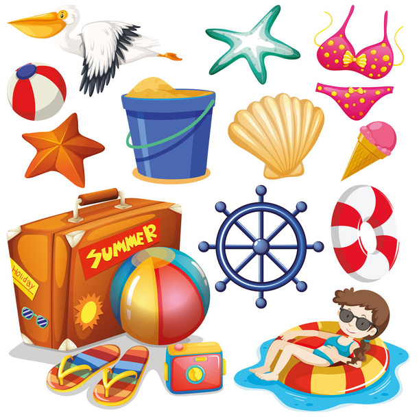 Conjunto de objetos aislados tema vacaciones en la playa
 - Vector, Imagen