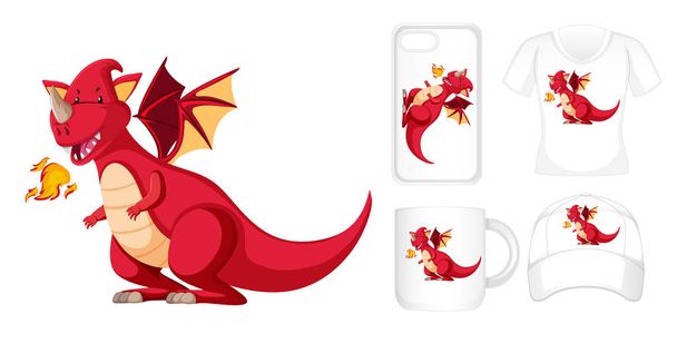 Design gráfico em diferentes produtos com dragão vermelho
 - Vetor, Imagem