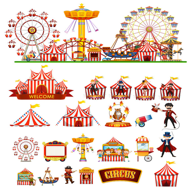 Circus thema voorwerpen en kinderen geïsoleerd - Vector, afbeelding