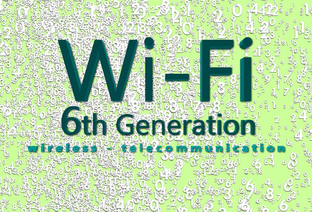 Ilustración 3D. Poster, WiFi 6 WLAN Inalámbrico de alta eficiencia. Velocidad de la conectividad masiva del dispositivo, nuevos protocolos. Fondo verde con una multitud de números aleatoriamente dispersos
. - Foto, imagen