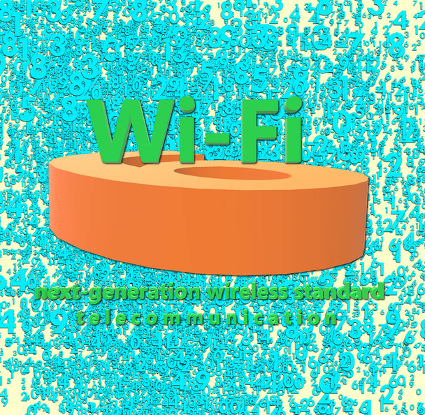 Illustrazione 3D. Poster, WiFi 6 WLAN Wireless ad alta efficienza. Velocità della connettività massiccia del dispositivo, nuovi protocolli. Sfondo giallo con una moltitudine di numeri blu casualmente sparsi
. - Foto, immagini