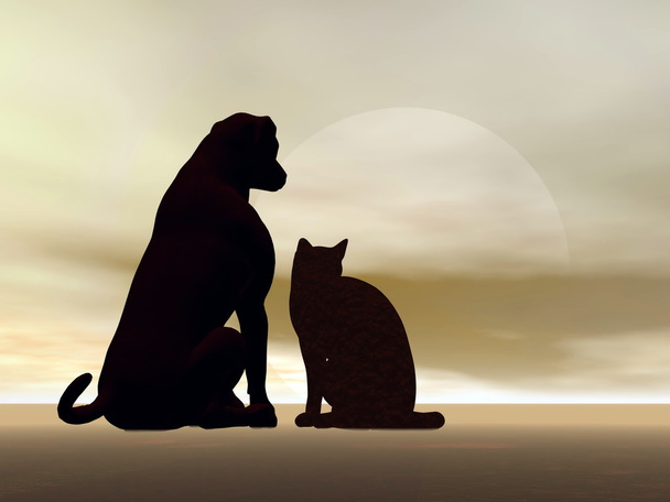 Katz-und-Hund-Freundschaft - 3D-Darstellung - Foto, Bild