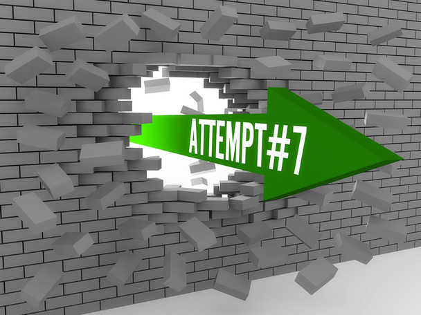 Arrow with word Attempt number 7 breaking brick wall. Concept 3D illustration. - Photo, Image