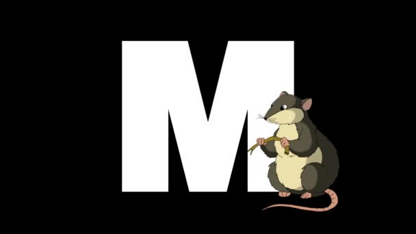 animiertes zoologisches englisches Alphabet. alpha matte Bewegungsgrafik. Cartoon-Maus im Vordergrund eines Buchstabens m - Filmmaterial, Video