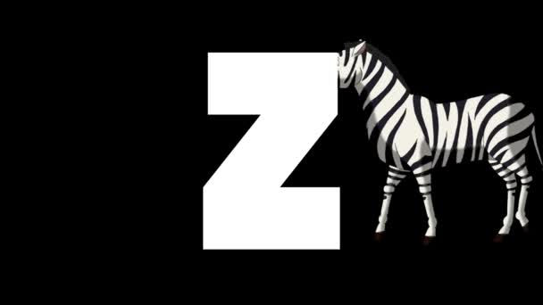 Animated zoological English alphabet. Alpha matte motion graphic. Cartoon Zebra in a background of a letter Z - Footage, Video