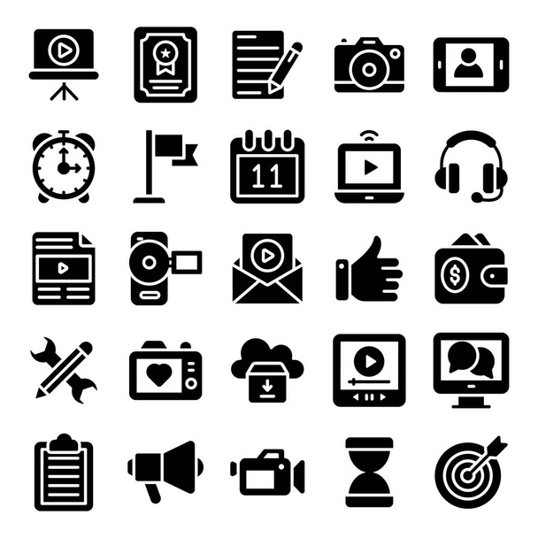 Video blogging and copywriting solid icons pack is here having online journals and many other related visuals for your next project. Sostenerlo ahora y disfrutar de la descarga
!  - Vector, Imagen