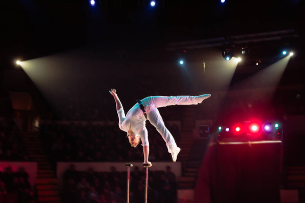 Mans aerial acrobatics in the Circus ring. - Фото, изображение