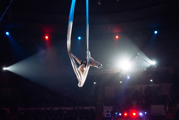 Girls aerial acrobatics in the Circus ring. - Φωτογραφία, εικόνα