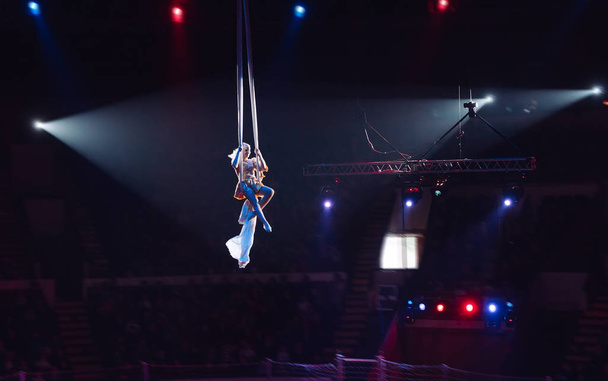 Girls aerial acrobatics in the Circus ring. - Фото, изображение