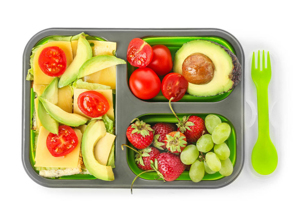 School lunch box with tasty food on white background - 写真・画像