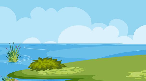 湖と緑の草の風景の背景デザイン - ベクター画像
