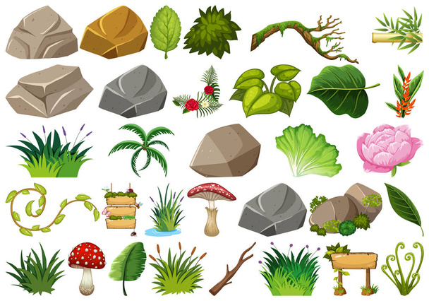 Set of isolated objects theme - rocks and plants - Vector, Image
