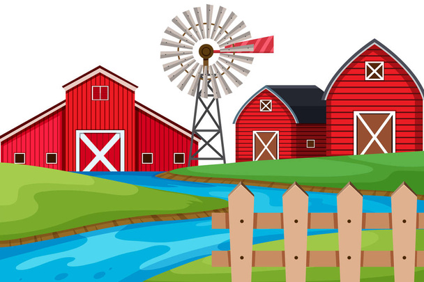 Scenery background of river and barns on the farmland - Vector, Image