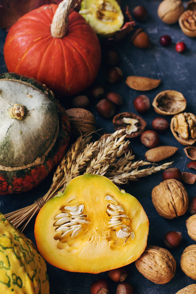 Autumn or thanksgiving background with decorative pumpkin, corn, nuts, grapes and wheat on dark stone table - Foto, immagini