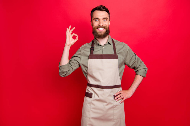 Portrait of his he nice attractive cheerful cheery content bearded guy cafe coffee shop restaurant owner showing ok-sign isolated over bright vivid shine red background - Zdjęcie, obraz