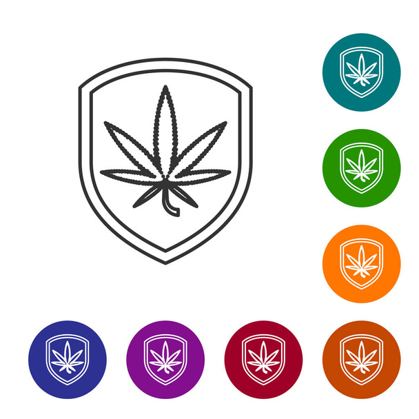 Grey line Shield and marijuana or cannabis leaf icon isolated on white background. Marijuana legalization. Hemp symbol. Set icons in color circle buttons. Vector Illustration - Vector, Image