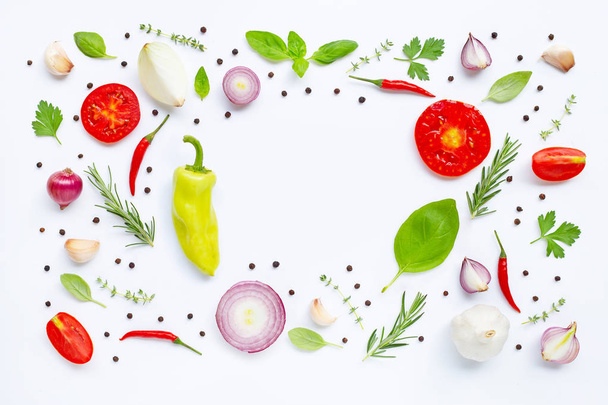 Various fresh vegetables and herbs on white background. Healthy  - Photo, image