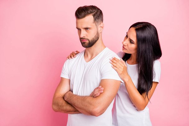 Portrait of his he her she two nice attractive lovely sullen spouses folded arms wife supporting husband family difficulties grief isolated over pink pastel background - Foto, Bild