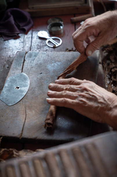 Cigar rolling or making by torcedor in cuba - Φωτογραφία, εικόνα