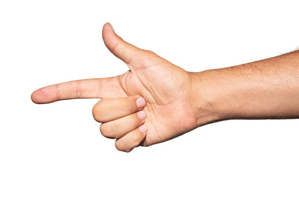 Рука с пальцами, установленными в жест пистолета. Изолированный на белой спине
 - Фото, изображение