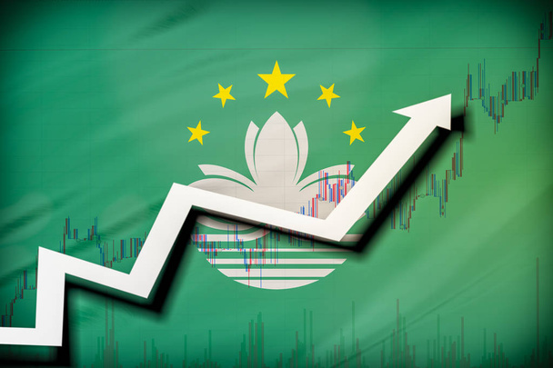 Witte pijl en Aandelengrafiek groei op de achtergrond van de vlag van Macau. - Foto, afbeelding