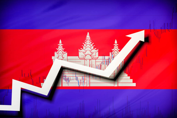weißer Pfeil und Aktien markieren Wachstum auf dem Hintergrund der kambodschanischen Flagge - Foto, Bild