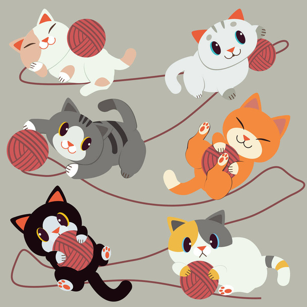 ομάδα από χαριτωμένες γάτες που παίζουν με κόκκινα νήματα - Διάνυσμα, εικόνα