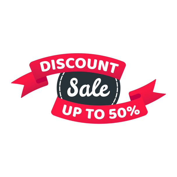 Discount sale up to 50% off ribbon badge sale label concept template vector illustration isolated on white background. Web banners elements for website and advertising. Discount ribbon label design. - Vektori, kuva