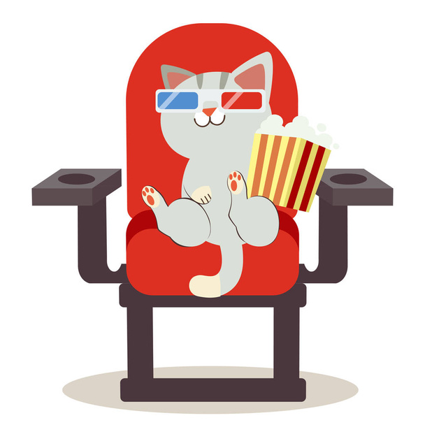 kat zittend in rode stoel in de bioscoop, gewoon vector illustratie - Vector, afbeelding
