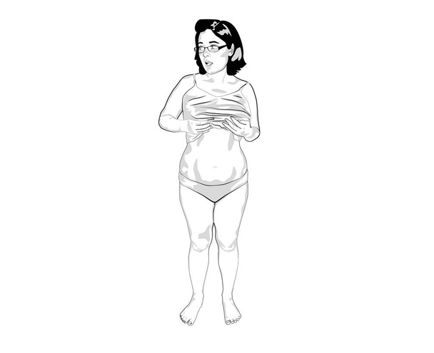 eine junge Frau nimmt ein T-Shirt und zeigt einen dicken Bauch. - Vektor, Bild