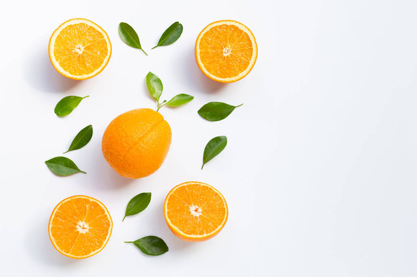 High vitamin C. Fresh orange citrus fruit with leaves isolated o - Valokuva, kuva