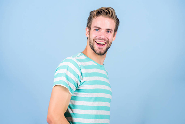 Happiness and joy. Cheerful smile. Humor laugh. Smiling guy fashion model. Smiling face expression. Good mood. Positive emotions concept. Man handsome hipster bristle facial hair smiling happy face - Фото, изображение