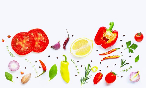 Various fresh vegetables and herbs on over white background. Hea - Photo, image
