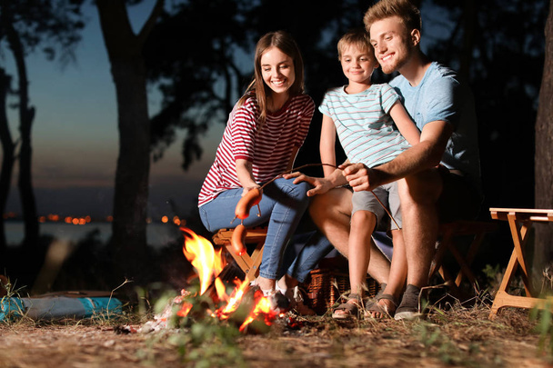 Family roasting sausages over campfire in evening - Photo, Image