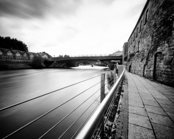 River Erne and West Bridge, Enniskillen in the summer, black and - Photo, Image