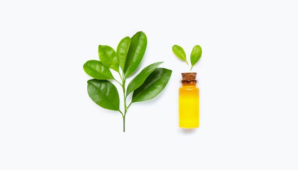 Green leaves with  citrus fruit essential oil on white - Foto, Imagem