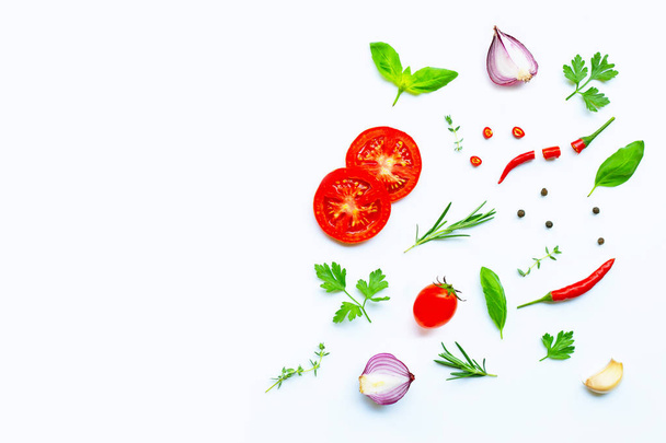 Various fresh vegetables and herbs on white background. Healthy  - Photo, Image