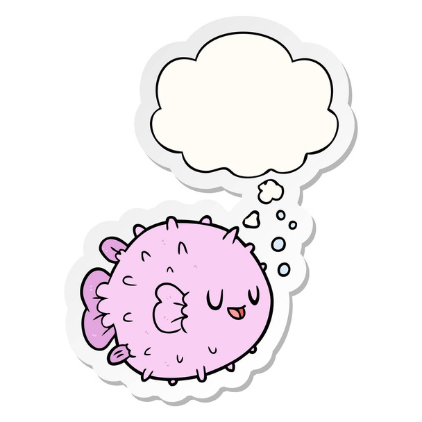 cartoon blowfish e bolha de pensamento como um adesivo impresso
 - Vetor, Imagem