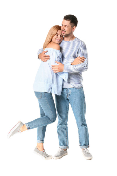 Portrait of happy couple in love on white background - Zdjęcie, obraz