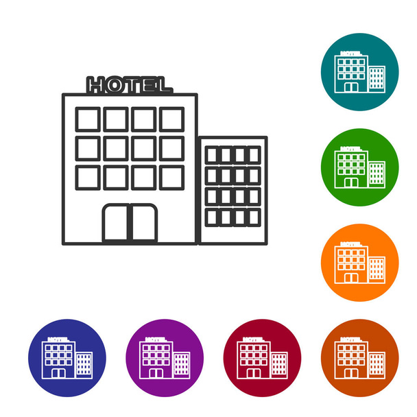 Linha cinza ícone do edifício do hotel isolado no fundo branco. Definir ícone em botões de círculo de cor. Ilustração vetorial
 - Vetor, Imagem