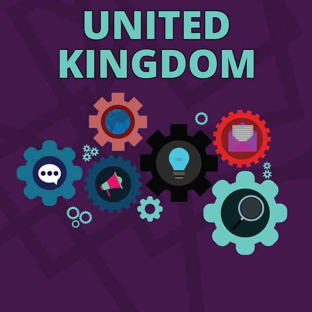 Word writing text United Kingdom. Business concept for Island country located off the northwestern coast of Europe Set of Global Online Social Networking Icons Inside Colorful Cog Wheel Gear. - Photo, Image