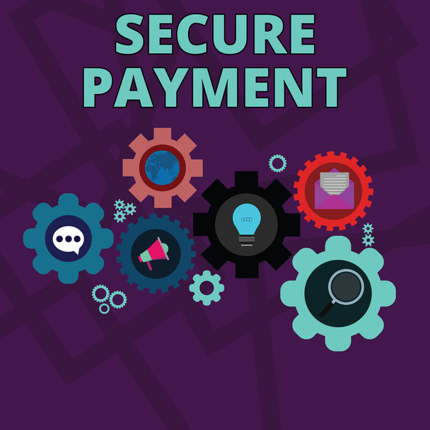 Word writing text Secure Payment. Business concept for Security of Payment refers to ensure of paid even in dispute Set of Global Online Social Networking Icons Inside Colorful Cog Wheel Gear. - Photo, Image