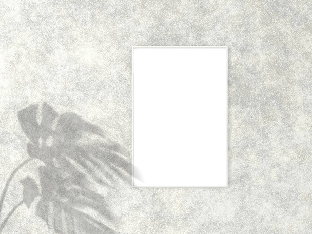 2x3 vertical White frame for photo or picture mockup on concrete background with shadow of monstera leaves. 3D rendering. - Foto, Imagen
