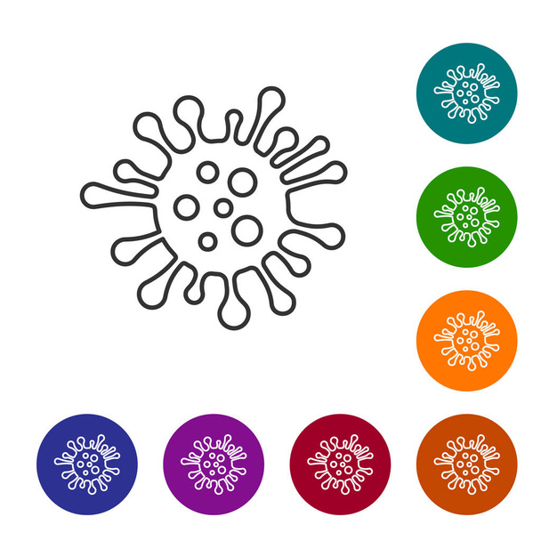 Harmaa viiva Bakteerien ikoni eristetty valkoisella taustalla. Bakteerit ja bakteerit, mikro-organismin aiheuttama sairaus, solusyöpä, mikrobi, virus, sienet. Aseta kuvake väriympyrän painikkeisiin. Vektorikuvaus
 - Vektori, kuva