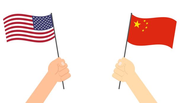 アメリカと中国の間の手の保持旗は、競争のために直面して直面 - ベクトルイラスト - ベクター画像