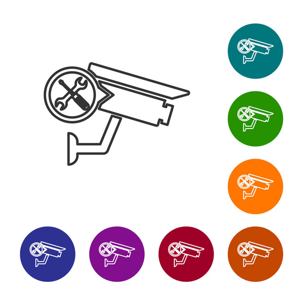 Grey line Security camera with screwdriver and wrench icon isolated on white background. Adjusting, service, setting, maintenance, repair, fixing. Set icon in color circle buttons. Vector Illustration - Vector, Image
