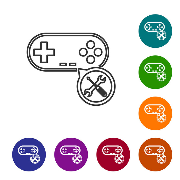 Grey line Gamepad with screwdriver and wrench icon isolated on white background. Adjusting, service, setting, maintenance, repair, fixing. Set icon in color circle buttons. Vector Illustration - Vector, Image