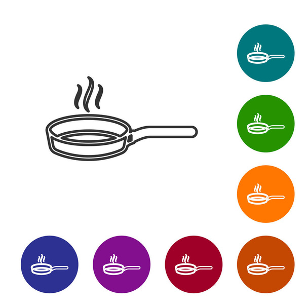Línea gris Icono de sartén aislado sobre fondo blanco. Símbolo de comida asada o frita. Establecer icono en botones de círculo de color. Ilustración vectorial
 - Vector, Imagen
